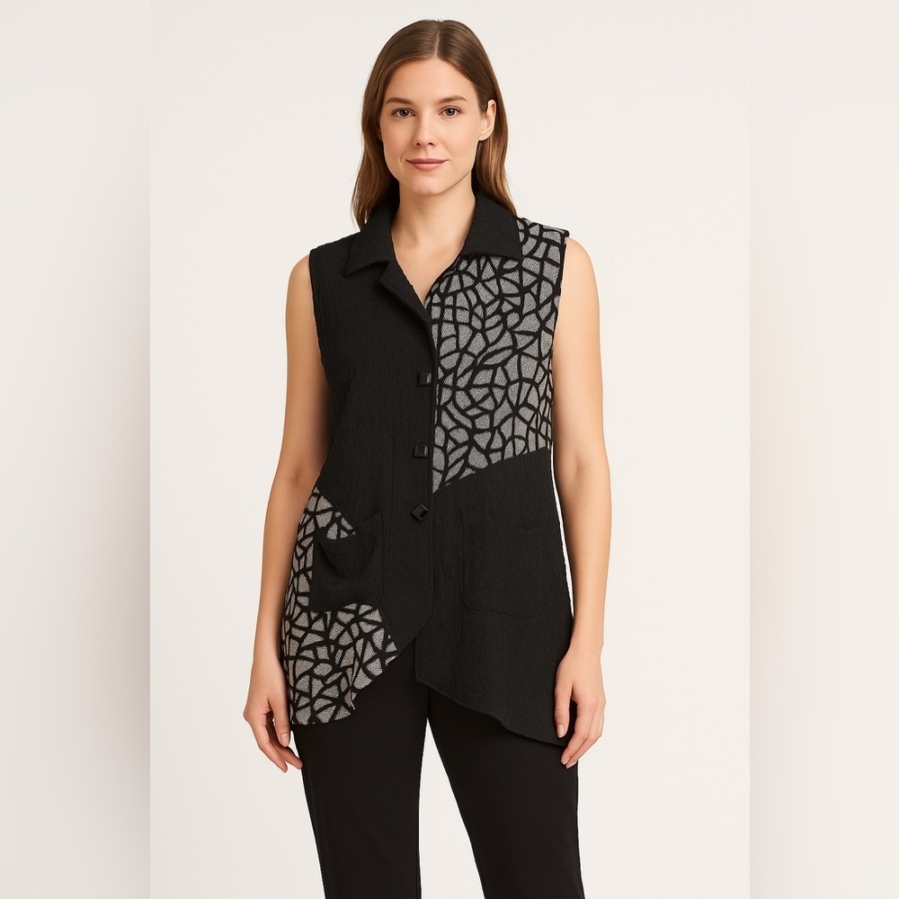 IC by Connie K Asymmetrical Artistic Vest – Black & White – Size L – Made in USA